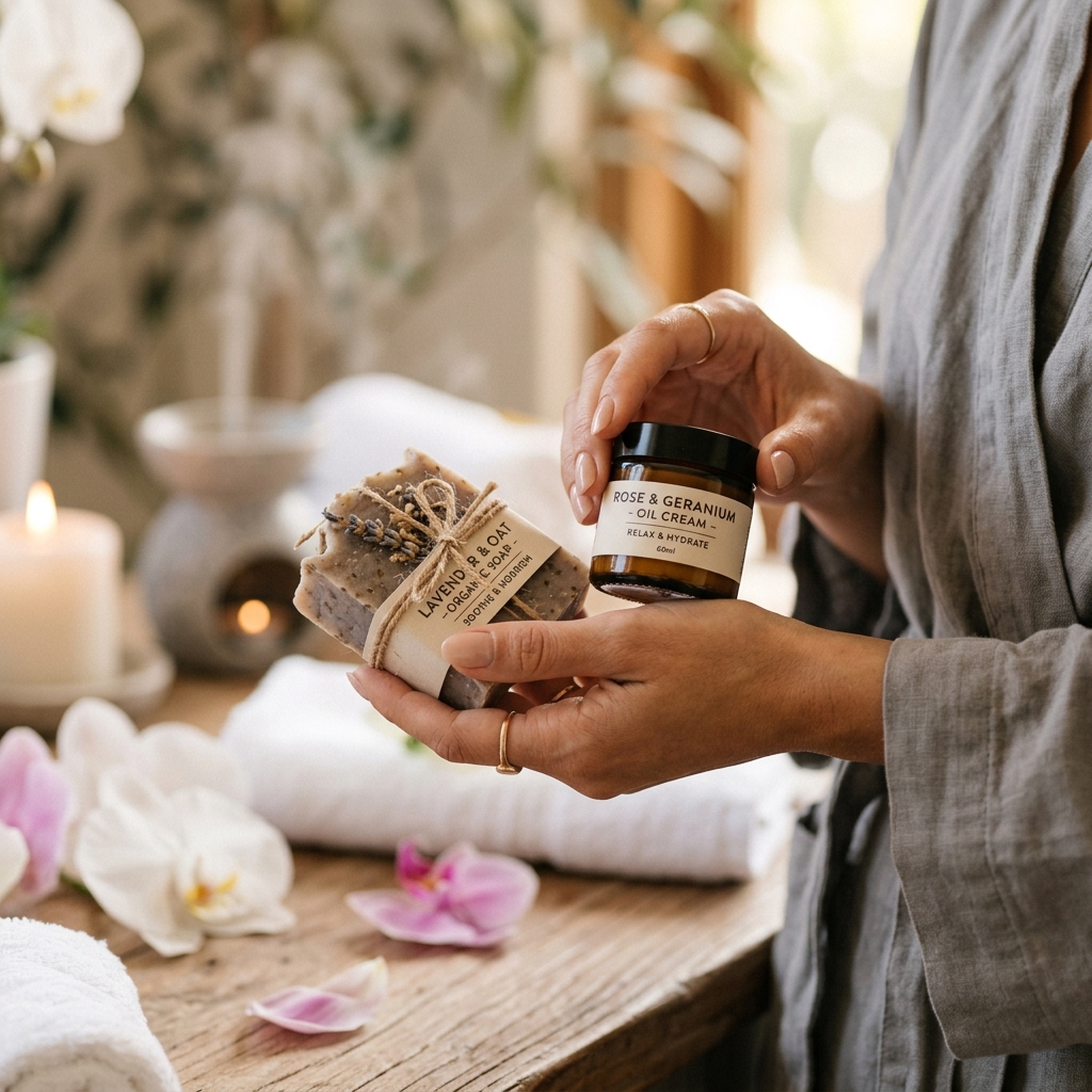 Hands holding skincare soap and cream